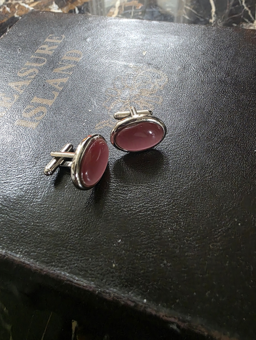 Pink Cat Eye Cufflinks Silver Tone Unisex
